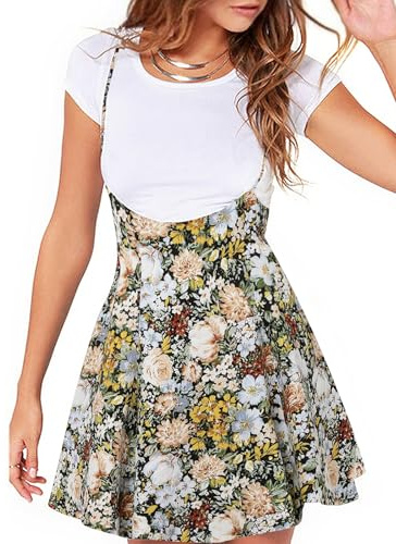 YOINS Print Suspender Skirts for Women Pinafore Dress High Waist Mini Skirts Floral XX-Large