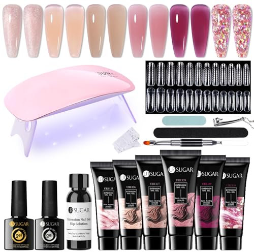 UR SUGAR Polygel Starter Set mit UV Lampe, 6 Farben Poly Gel Nägel Set Rosa Glitzer Nagelset Gelnägel Starterset, Nagelverlängerung Extension Kit mit Slip Solution Base Top Coat Acrylnägel Maniküre