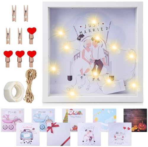 GAOUTO Geldgeschenk hochzeit Bilderrahmen zum Befüllen: 9 in 1 Spardose im Bilderrahmen, DIY Bilderrahmen Spardose mit Licht für Hochzeit Taufen Reisen Geburtstag Valentinstag