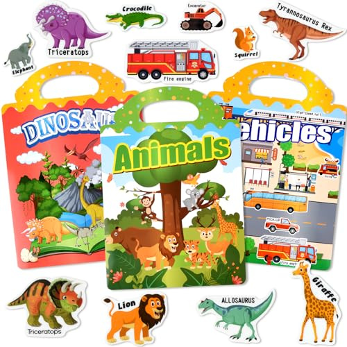 ASTARON Lot de 3 livres d'autocollants réutilisables en gelée pour enfants, mignons et imperméables, dinosaures animaux, jouets de voyage portables et jouets éducatifs sensoriels (3 à 6 ans)