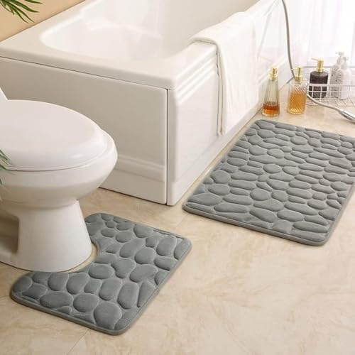 LOHOM rutschfeste 50 x 80 cm Badematte und 50 x 40 cm WC Vorleger 2 Teilig Badezimmerteppich Set Weiche Badvorleger mit Kopfsteinpflaster Muster Waschbare Badteppiche für Badezimmer (Grau)