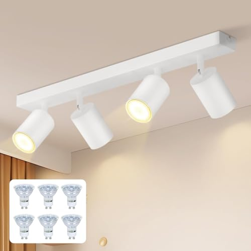 Glitzerlife LED Deckenstrahler 4 Flammig Küchenlampe Deckenlampe Weiss | Deckenleuchte 6×4.8W GU10 3000K Deckenspot Modern Schwenkbar 350° Küchenlampe Spot Schlafzimmer Küche Flur Wohnzimmer