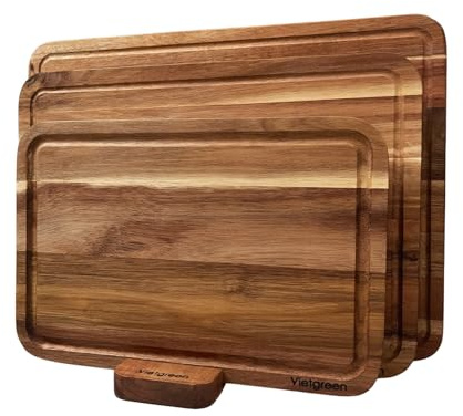 Acacia Wood Cutting Board Set of 3 with Holder, 0.8 Thick Wooden Cutting Boards for Kitchen, Multi-Purpose Use Charcuterie Board withJuice Grooves and Handle, 16x12, 14x10, 12x8 inch