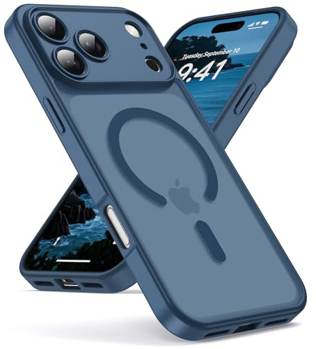 Oududianzi-Funda para iPhone 17 Pro Compatible con MagSafe, Funda Trasera Translúcida de PC, TPU Silicona Bumper, Carcasa de Protección Militar Anti-Choques Antigolpes-Azul