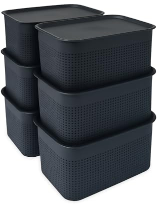 Relaxdays Förvaringslåda med 6 st, med lock, organisatörslåda 5 L, HBT: 13 x 26,5 x 19 cm, stapelbox plast, svart