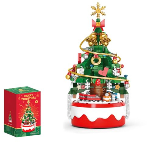 NUOJIAYING Weihnachtsbaum Bausteine Set, Weihnachten Spieluhr Modell kit mit LED Licht, Bausteine Rotierende Spieluhr Set, Kreatives Weihnachts Geschenk für Jungen & Mädchen(418PCS) (Rot)