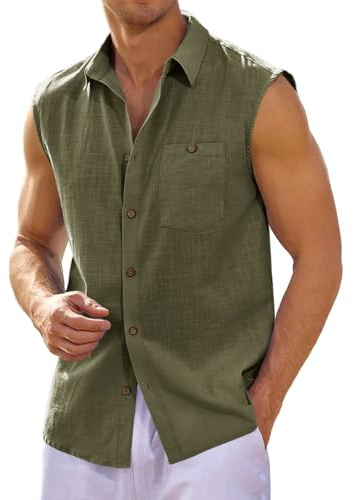 Runcati Camicia in Lino, da Uomo, Senza Maniche, con Colletto rovesciato, da Spiaggia, Estiva, per Il Tempo Libero, con Tasca,Verde,L