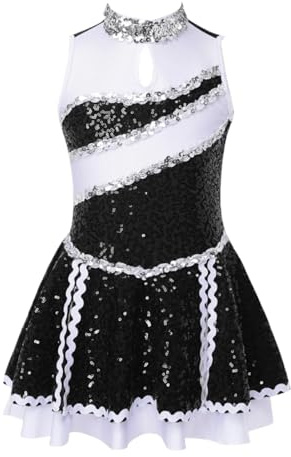 XIEHYA Cheerleader Kostüm Mädchen Glänzende Pailletten Cheerleading Uniform Ballett Gymnastik Trikot Kleid for Tanzen Wettbewerb Kinder Eiskunstlauf(Black,6)