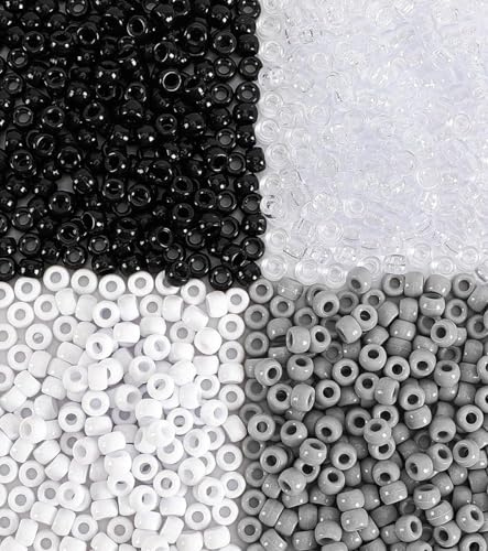 TAKONE Kandi Perlen 1000 Stück 6x9mm Pony Beads 4 Farben Großloch | 1000 Stück Pony Beads 6x9mm, 4 Farben Schwarz Weiß Grau Transparent, Großloch, Acryl