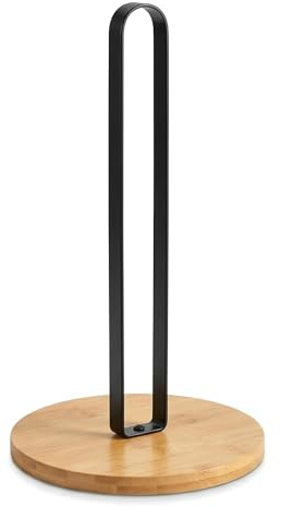 Kitchen Roll Holder, Paper Towel Holder Countertop With Wood Base, Black