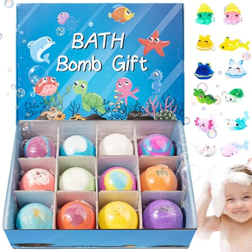 BeVistoso 12 Stück/Set Badebomben mit Spielzeug im Inneren, 5, 1 cm große Badebomben mit niedlichen Tierspielzeugen, kindersichere, sprudelnde, Bunte Seifenblasen, Badezimmerzubehör für Kinder, blau