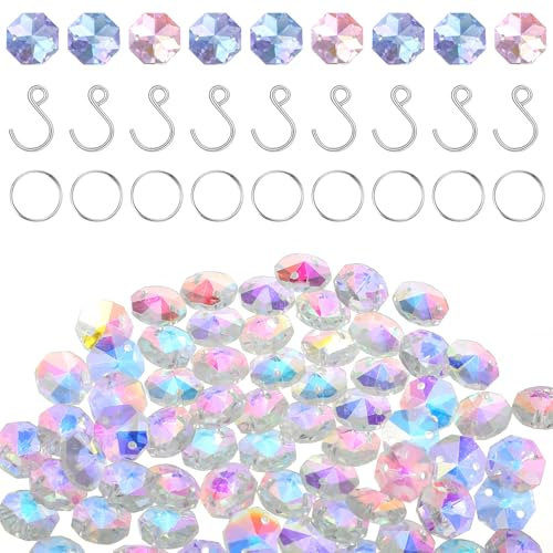 100Pcs 14mm Crystal Suncatcher Beads, Bulk AB Color Sun catcher Supplies Chandelier, Crystal Glass Octagon Beads for DIY Jewelry Making, Chandelier Replacement