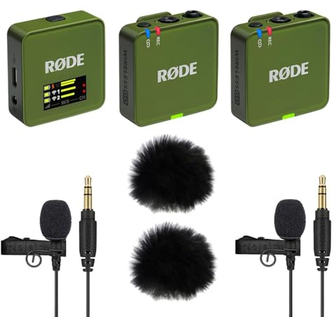 Rode Wireless GO Gen 3 - Sistema wireless per microfono a 2 canali Moss Khaki con 2 microfono Lavalier GO e 2 paravento Keepdrum