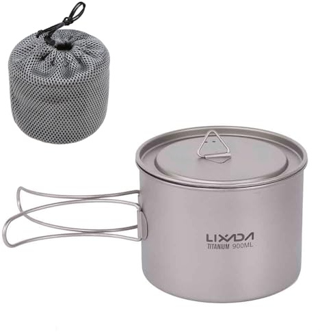 Lixada Titanium Pot Cup, 900ML Ultralight Portable Cup Appeso pentola con Coperchio e Manico Pieghevole per Esterni Campeggio, Cup