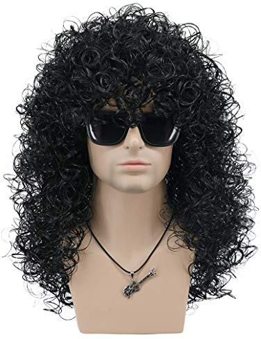 VGbeaty Herren Slash lange lockige schwarz harte 70er 80er Rocker Perücke | Halloween Kostüm Cosplay Perücke (schwarz)