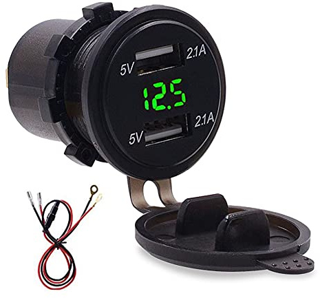 KIMISS Cargador USB LED, carga de teléfono USB dual a prueba de agua Cargador de coche 4.2A Voltímetro de pantalla digital LED con línea de 23.6 pulgadas(Verde)