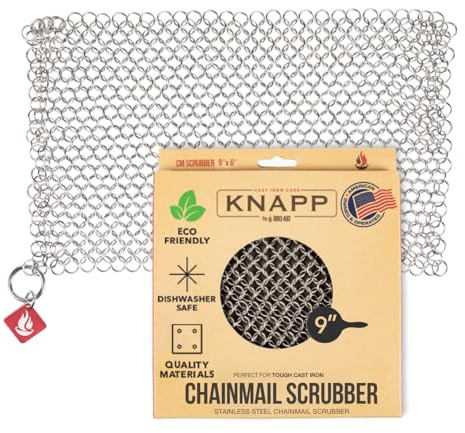CM Scrubber Knapp Made 9x6 Small Ring Cast Iron Scrubber - Cast Iron Cleaner for Hard Anodized Cookware, Pre-Seasoned Pans, Dutch Ovens, Iron Pans, Grills and Skillet. Chain Mail Scrubber Cast Iron