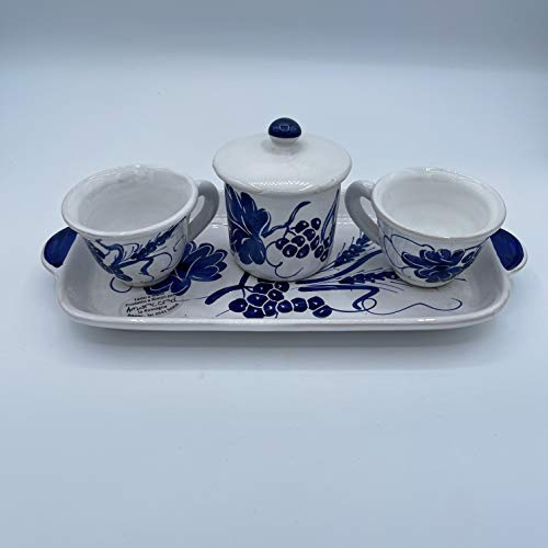 Amarcord Set Caffè 2 tazzine con zuccheriera in ceramica fatto e dipinto a mano con disegni romagnoli blu