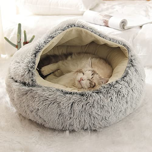 Katzenbett, Haustierzelt, mit Kapuze, Plüsch-Donut-Katzenbett, flauschiges Kunstfell, Haustierbett, warme Katzenhöhle, rutschfest, weiches Katzenzelt, Katzenhaus für Kätzchen, Welpen, 50 x 50 cm, Grau