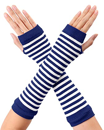 sourcing map Damen Gestrickte Fingerlose Daumenloch Ellenbogenlange Handschuhe mit Streifenmuster 1 Paar Blau Weiss One Size