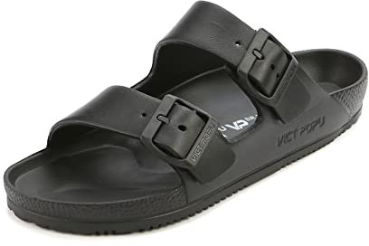 VICT POPU Womens Sandals Open Toe Adjustable Double Buckle Strap Waterproof EVA Footbed Arch Support Mules Slides Black UK 6