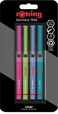 rotring Liner penne a punta fine | 0,4 mm | Penne colorate per scrivere e disegnare | Confezione senza plastica | Colori vivaci assortiti | 4 pezzi