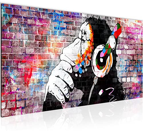 Runa Art Wandbild Banksy-Style Affe mit Kopfhörer 1 Teilig 100 x 40 cm Modern Bild auf Vlies Leinwand Street Art Graffiti Loft Wohnzimmer Bunt 042512c