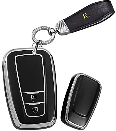HIBEYO Autoschlüssel hülle passt für Toyota schlüsselhülle TPU Schutzhülle für Toyota Corolla RAV4 CH-R Prado Prius Yaris Keyless Schlüsselbund fernbedienungen-2tasten blingSchlüsselring Schwarz