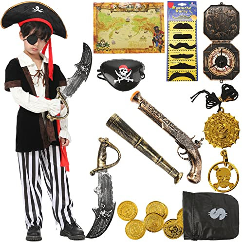 Geplaimir Piraten Kostüm Set für Kinder - 12-Teiliges Luxus Zubehör mit Hut, Augenklappe, Schnurrbart für Karneval, Halloween und Party - 4-10 Jahre