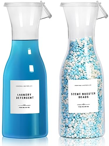 GIXSEGIE Waschmittelspenderflasche, 1,2 l, mit wasserdichtem Etikett für Waschmittel, Seife, Weichspüler, Bleichmittel, Duft, Booster, Perlen, stabile PET-Flasche für Waschküche, Dekoration, 2 Stück,