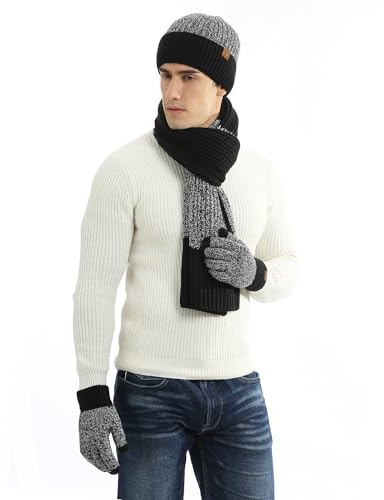 Hilmocho Uomo 3 Pezzi Cappello Sciarpa e Guanti Touch Screen Inverno Caldo Sciarpa Lunga a Maglia Guanti di Rivestimento Spessi Beanie
