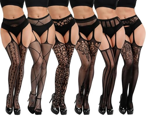 DRESHOW 6 Par Fisknätstrumpbyxor för Kvinnor Hängselbyxa Lårhöga Strumpor