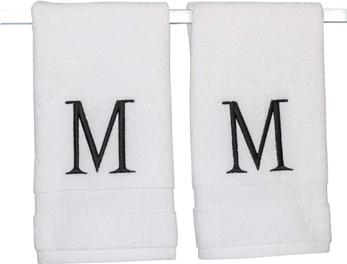 Decorvo Black Initial Hand Towel for Bathroom - Monogrammed Luxury Hotel Quality Decorative Embroidered Towel for Powder Room, Spa - GOTS Organic Certified - Set of 2 Letter M