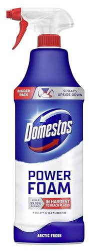 Domestos Power Foam Arctic Fresh Toilet & Bathroom Cleaner Spray sprays upside down & eliminates 99.99% of germs* for cleaning inside the toilet & around the bathroom 650 ml