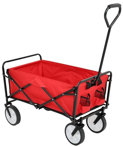 AKORD | TYRS Bollerwagen | Touristisch | Faltbar | Einfache Bedienung | Mit bequemem Griff | Großes Fassungsvermögen | Robuste Bauweise | Starke Räder | EN 581 | 145 Liter | Belastbar bis 110 kg |Rot