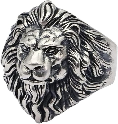 YAIUNHIQ Anillo de plata de ley 925 para hombre, estilo vintage, abierto, ajustable, con cabeza de león, joyería para el dedo estilo motero gótico rock punk