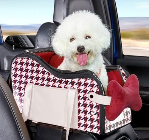Amoilly Siège de Voiture pour Chien, Console Centrale pour Chiot, siège rehausseur pour Chat, Sac de Transport Portable Anti-saleté pour extérieur, avec Sangles et Tapis (Karamell)