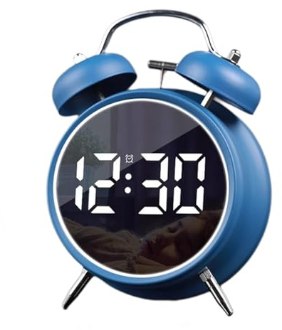 Sveglia digitale piccola, 11,4 cm, a doppia campana, elettronica, a LED, con spina o a batteria, sveglia silenziosa in metallo, sveglia da comodino per dormienti pesanti, adulti e bambini (blu)