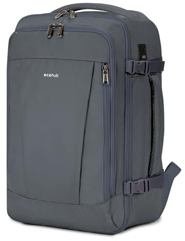 ECOHUB Rucksack 40x20x25 Ryanair Handgepäck 13 Taschen Reiserucksack Flugzeug Carry-ons Wasserdichter Rucksack Damen Klein PET-Recycelte Umweltfreundliche 20L, Patentiert(Grau)
