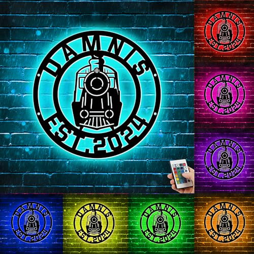 Decoración de pared de metal personalizada con 16 luces LED que cambian de colores, letrero de luz de neón para dormitorio, sala de juegos, cueva de hombre, regalo de cumpleaños de Navidad (tren-4)