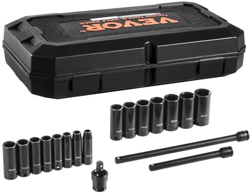 VEVOR Coffret Douilles à Chocs Profondes 3/8 9,5 mm, Métrique 8-22 mm, Kit pour Clé à Cliquet 18PCs, en Acier Allié CR-V, 6 Pans, Marquages de Taille Faciles à Lire, pour Entretien Automobile