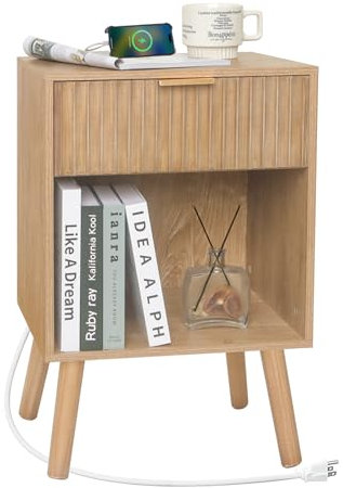 Fultyle Wood Nightstand with Charging Station, Bedside Table with Fluted Drawers and Outlet, Boho Night Stand for Bedroom, Living Room, Office (Rustic Walnut)