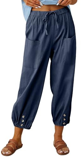 Pantalones Mujer Verano Cómodo Pantalón Anchos de Largo 7/8 Algodón Harem Pantalones Cintura Elástica Ligeros Pantalones