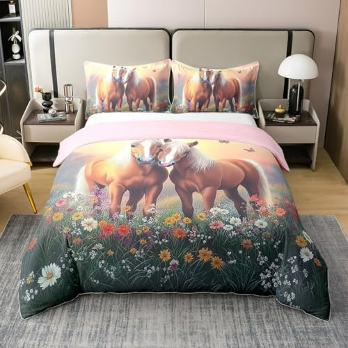 Erosebridal Horse 100% Cotton Duvet Cover Twin Size, Botanical Floral Animals Comforter Cover for Kids Girls Boys, Western Cowgirl Sky Reversible Bedding Set for Bed, Aesthetic Country Quilt Cover