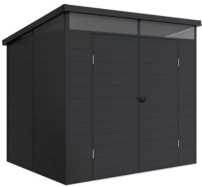 Wasabi – Caseta de Resina Jardín Terra – Tragaluz 360º - Estructura Reforzada de Aluminio y PVC – Protección UV – Impermeable – Gris Antracita – Cobertizo Exterior 4,57m2 – 238x192x215cm