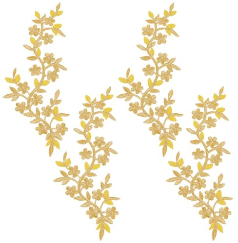 FINGERINSPIRE 4 pezzi Toppe Da Applique A Forma di Fiore con Vite Da Stirare/Cucire con Fiore di Prugna Oro Lunghe con Foglie con Toppe Adesive Ricamate per Decorazioni