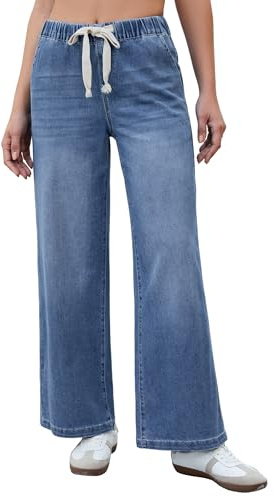 luvamia Wide Leg Jeans Woman High Waisted Trendy Pull On Elastic Waist Drawstring Stretchy Denim Jean Pants with Pockets Mom Jeans High Waisted Medium Blue X-Large Fits Size 16 Size 18