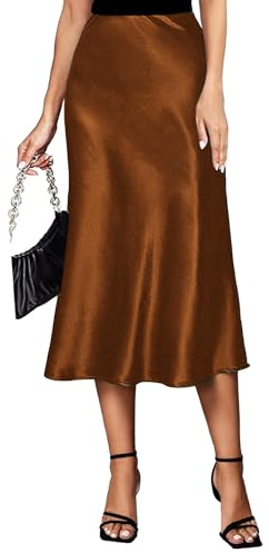 Koerye Dam satinkjol, midi, längd, kjol, A-linje, kjol, elegant, silkeslen midikjol, BRUN, S