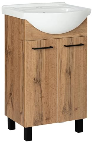 VBChome Badmöbelset 50 cm mit Waschbecken aus Keramik und Unterschrank mit Tür – Flexibel montierbar, stilvolles Design in Schwarz und Holz-Laminat