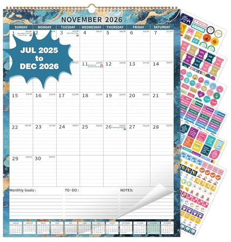 Kalender 2025, Wandkalender 2025–2026 (43,2 x 55,9 cm) mit Linien, Monatskalender von Juli 2025 bis Dezember 2026, vertikaler großer Monatskalender für die Wand, Kalender 2025